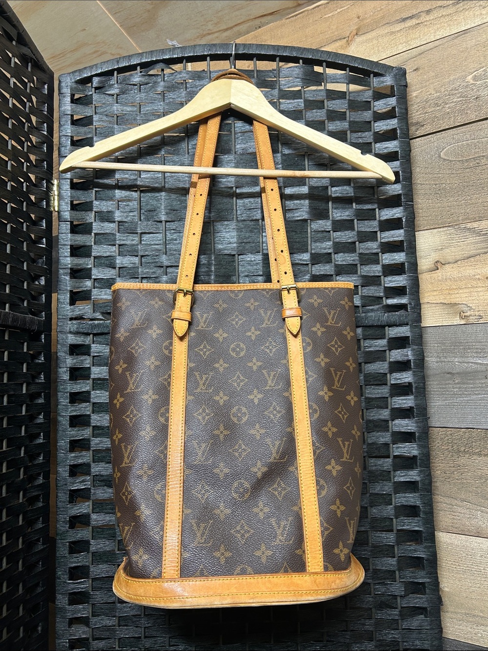 Authentic Louis Vuitton Brown Monogram Bucket Tote with Tan Leather Trim